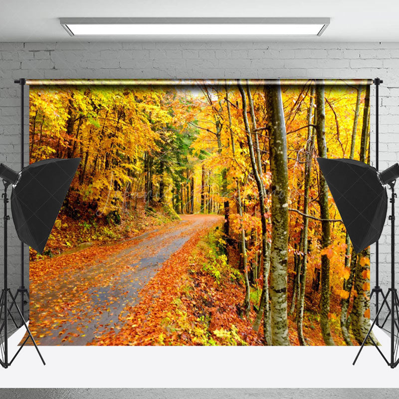 Lofaris Autumn Forest Road Fallen Leaves Photography Backdrop