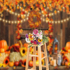 Lofaris Autumn Pumpkin Wooden Door Maple Leaf Photo Backdrop