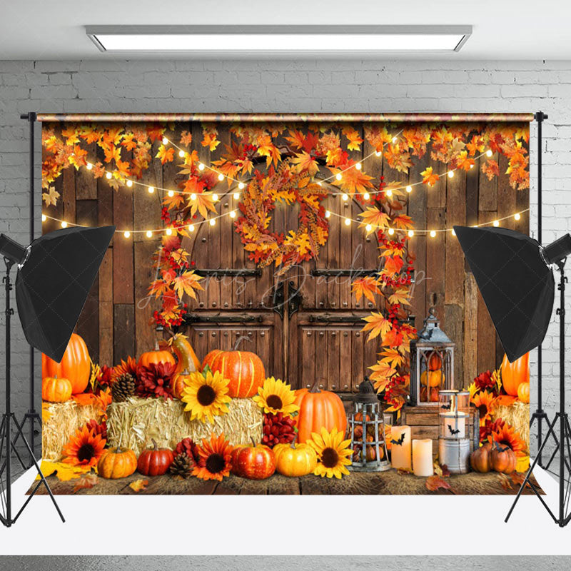 Lofaris Autumn Pumpkin Wooden Door Maple Leaf Photo Backdrop