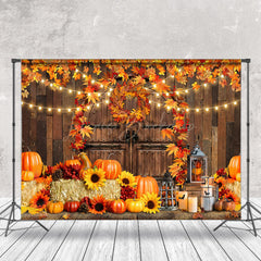 Lofaris Autumn Pumpkin Wooden Door Maple Leaf Photo Backdrop