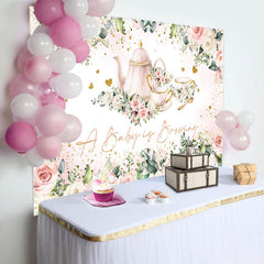 Lofaris Baby Brewing Pink Floral Tea Cup Shower Backdrop