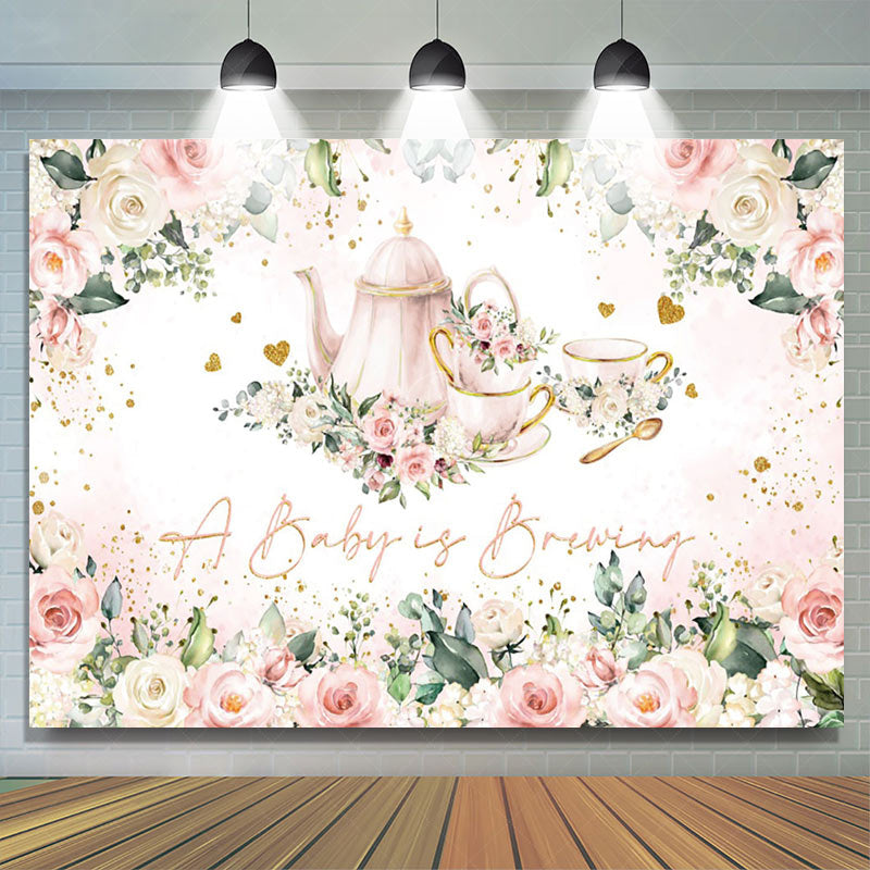 Lofaris Baby Brewing Pink Floral Tea Cup Shower Backdrop