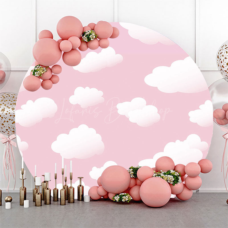 Lofaris Baby Pink White Clould Round Birthday Party Backdrop