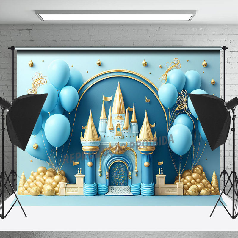 Balloon Blue Gold Castle Birthday Cake Smash Backdrop - Lofaris