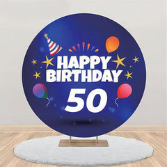 Lofaris Balloon Gold Stars Blue Round 50th Birthday Backdrop