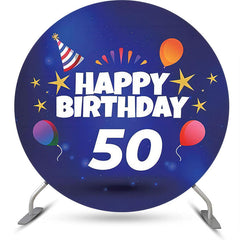 Lofaris Balloon Gold Stars Blue Round 50th Birthday Backdrop