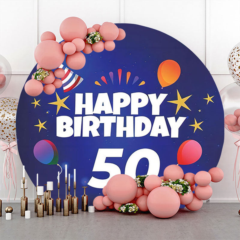 Lofaris Balloon Gold Stars Blue Round 50th Birthday Backdrop