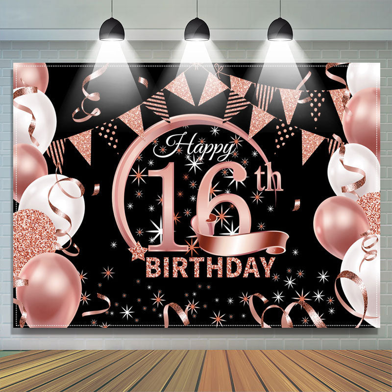 Lofaris Balloons Pink Sparkling Black 16th Birthday Backdrop