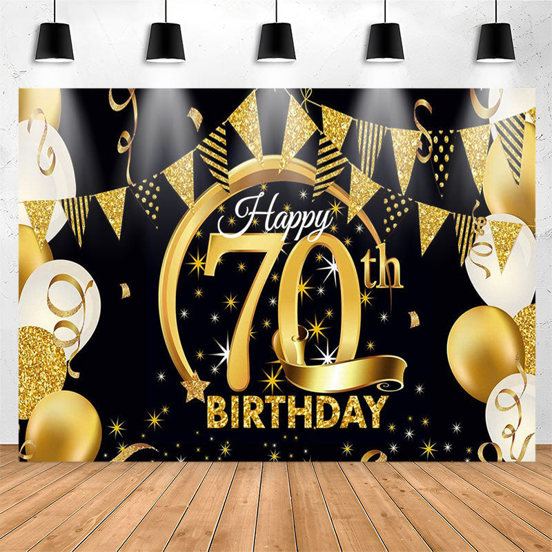 Balloons Stars Glitter Black 70th Birthday Backdrop - Lofaris