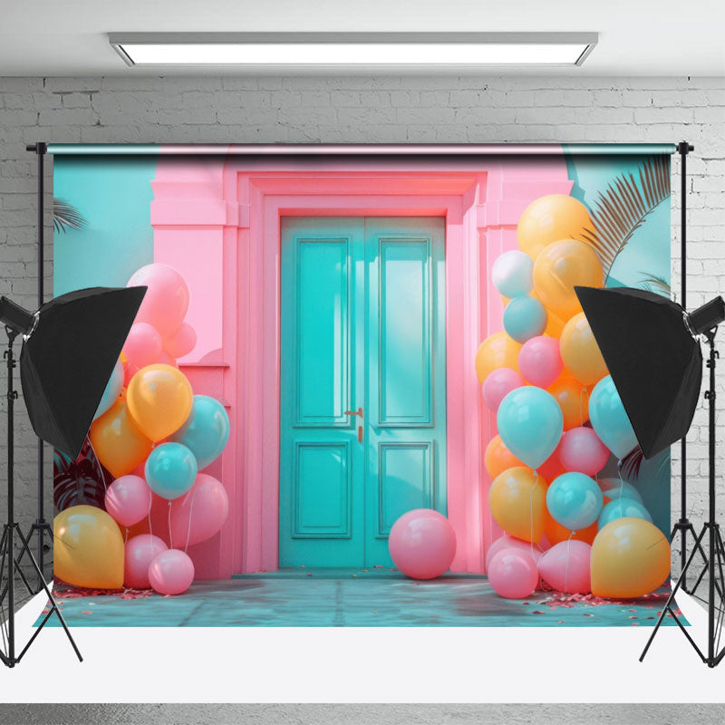 Lofaris Balloons Teal Pink Retro Door Photo Booth Backdrop