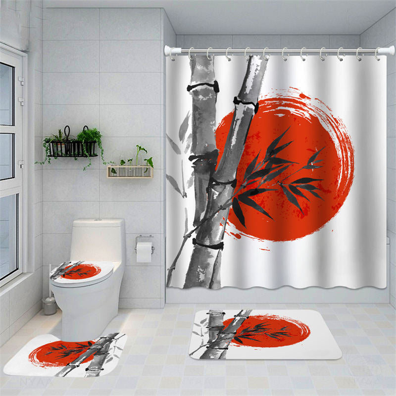 Lofaris Bamboo Abstract Red Sun Brush Forest Shower Curtain