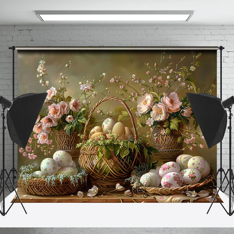 Lofaris Basket Eggs Flower Easter Backdrop For Photo