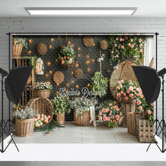 Lofaris Basket Flowers Black Wall Indoor Photo Backdrop