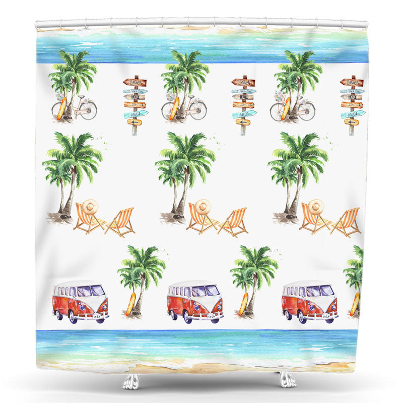 Lofaris Beach House Coconut Palm Bus Bike Shower Curtainop