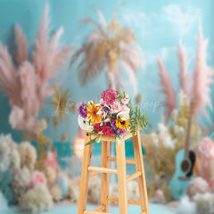 Lofaris Beach Palm Trees Guitar Floral Cake Smash Backdrop