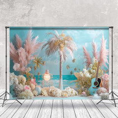 Lofaris Beach Palm Trees Guitar Floral Cake Smash Backdrop