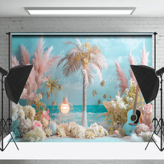 Lofaris Beach Palm Trees Guitar Floral Cake Smash Backdrop