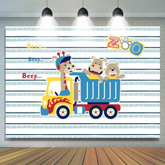 Lofaris Beep Zoo Giraffa Bear Truck Stripe Birthday Backdrop