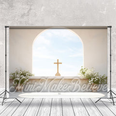 Lofaris Beige Arched Wall Blue Sky Cross Easter Backdrop