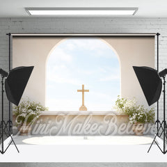 Lofaris Beige Arched Wall Blue Sky Cross Easter Backdrop