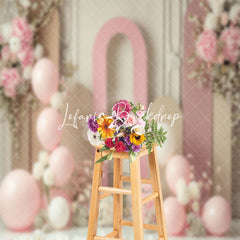 Lofaris Beige Pink Balloons Floral Cake Smash Photo Backdrop