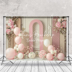 Lofaris Beige Pink Balloons Floral Cake Smash Photo Backdrop