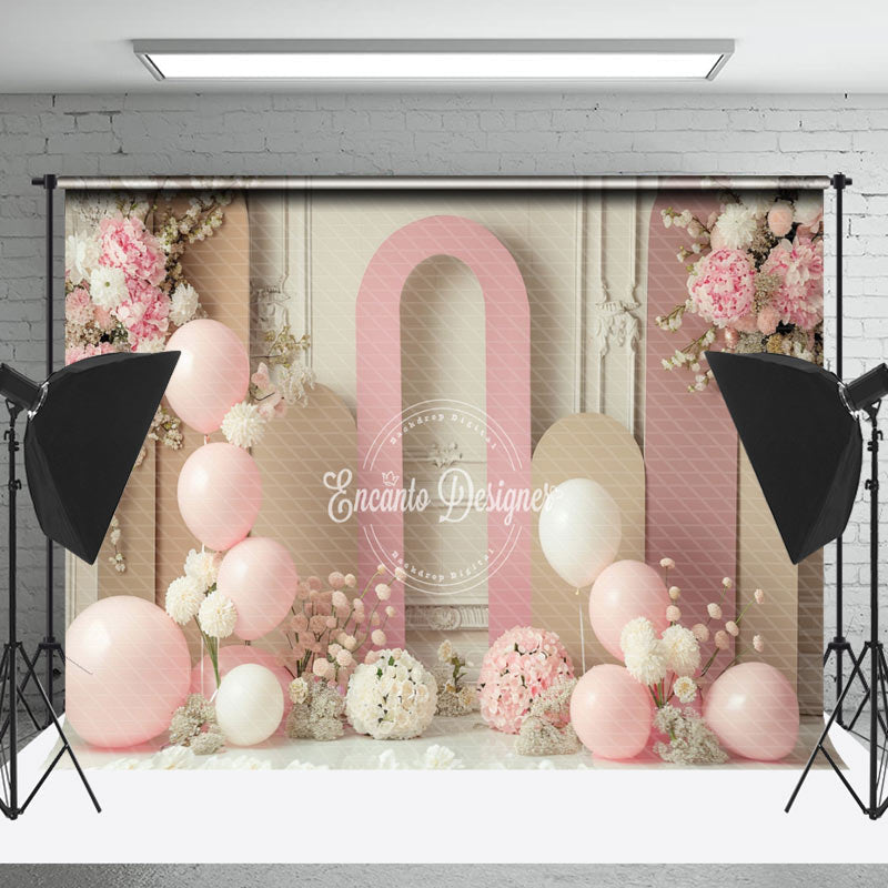 Lofaris Beige Pink Balloons Floral Cake Smash Photo Backdrop