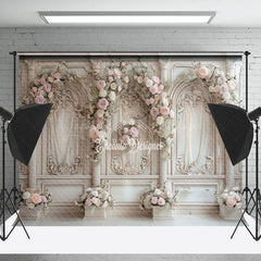 Lofaris Beige Retro Luxury Wall Pink Floral Wedding Backdrop