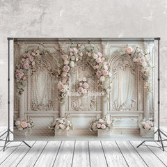 Lofaris Beige Retro Luxury Wall Pink Floral Wedding Backdrop