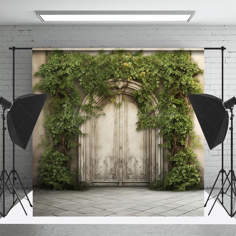 Lofaris Beige Vintage Door Greenery Spring Photo Backdrop