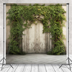 Lofaris Beige Vintage Door Greenery Spring Photo Backdrop