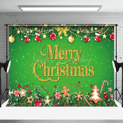 Lofaris Bell Snow Leaves Green Gold Merry Christmas Backdrop