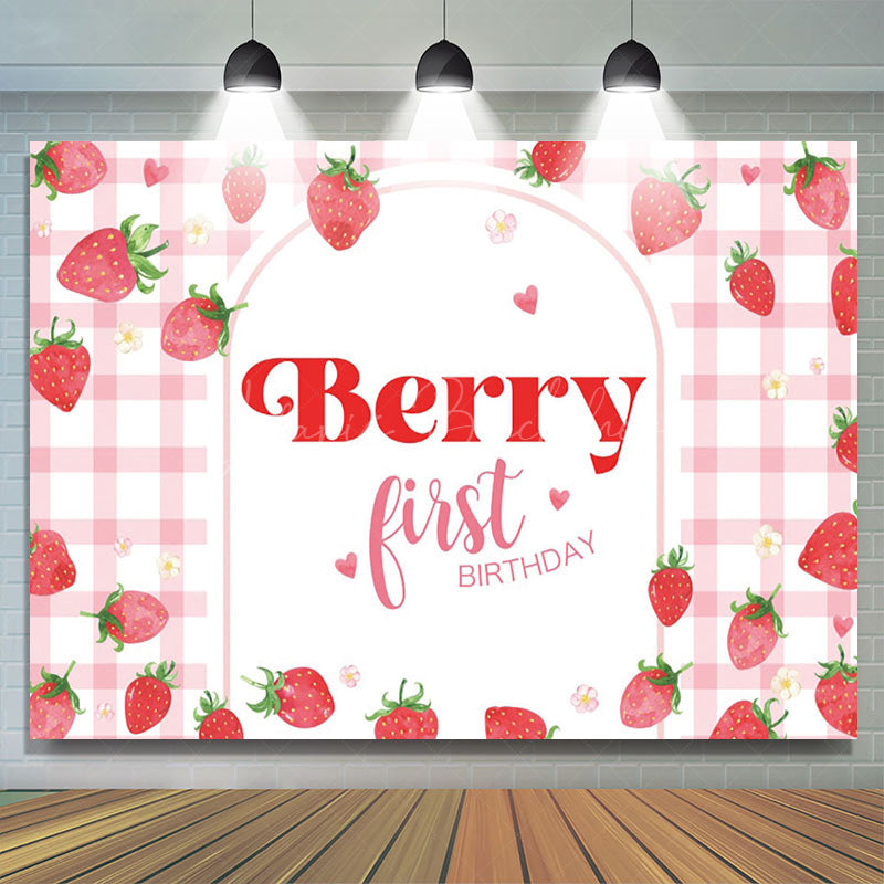 Lofaris Berry First Birthday Pink Plaid Backdrop for Girl