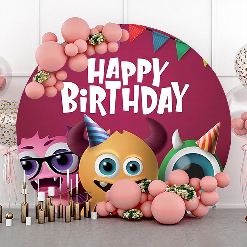 Lofaris Berry Red Cute Monster Round Happy Birthday Backdrop