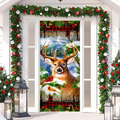 Lofaris Birds Elk Plank Snowy Red Plaid Christmas Door Cover