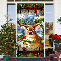 Lofaris Birds Elk Plank Snowy Red Plaid Christmas Door Cover