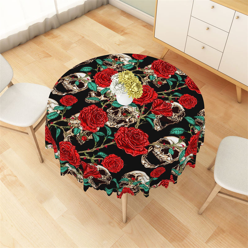 Lofaris Black Bone Floral Pattern Halloween Round Tablecloth