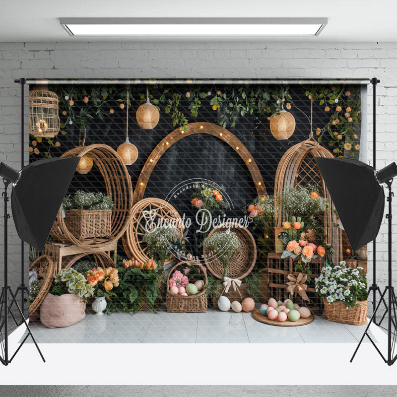 Lofaris Black Curtain Basket Easter Egg Photography Backdrop