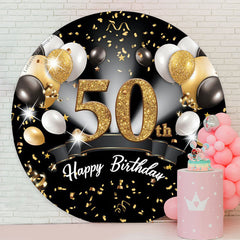 Lofaris Black Gold Balloon Happy 50th Birthday Round Backdrop