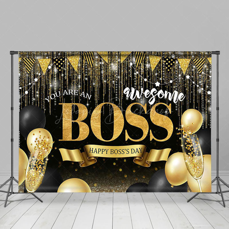 Lofaris Black Gold Balloons Awesome Happy Bosss Day Backdrop