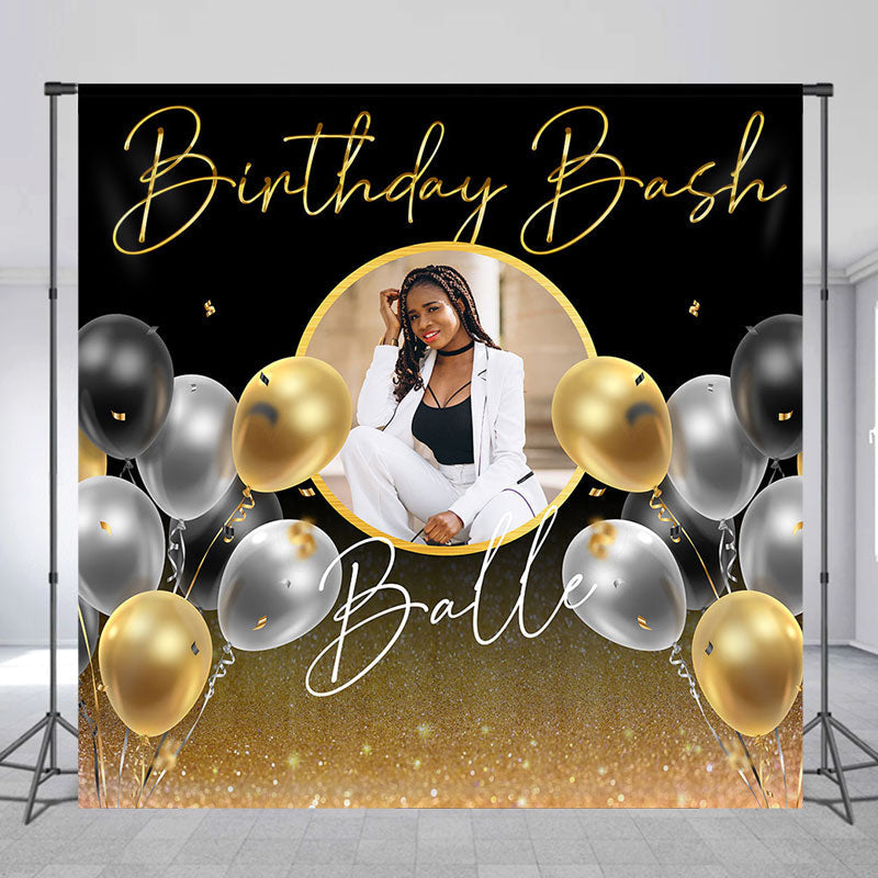 Lofaris Black Gold Balloons Glitter Custom Birthday Backdrop