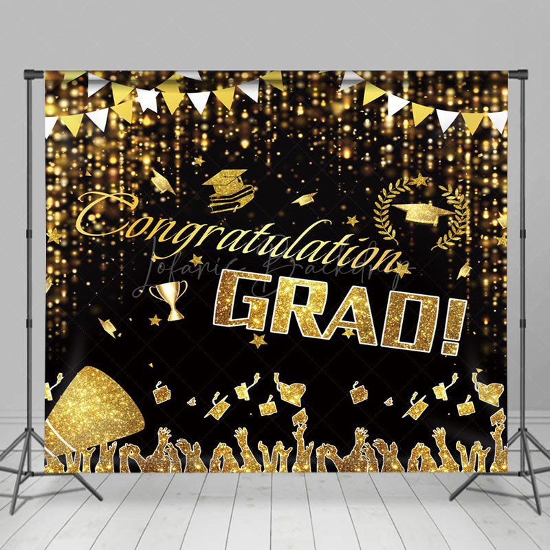 Lofaris Black Gold Caps Congratulation Grad Party Backdrop