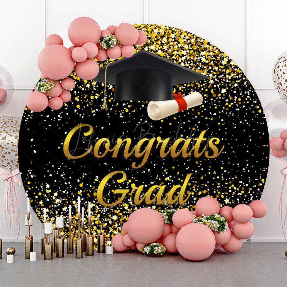 Lofaris Black Gold Glitter Cap Circle Graduation Backdrop