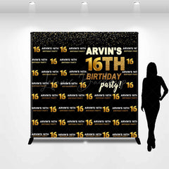 Lofaris Black Gold Glitter Custom 16th Birthday Backdrop