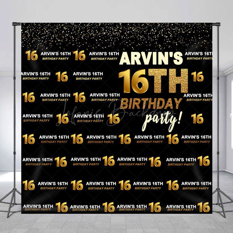 Lofaris Black Gold Glitter Custom 16th Birthday Backdrop