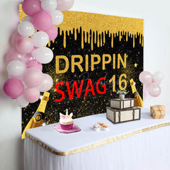 Lofaris Black Gold Glitter Drippin Swag 16 Birthday Backdrop