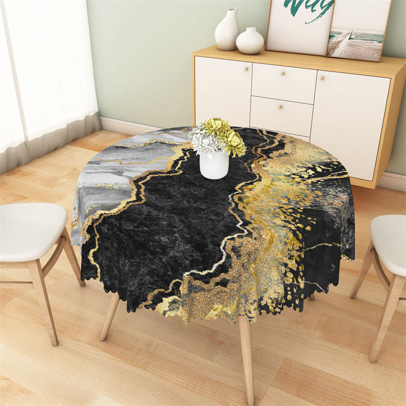 Lofaris Black Gold Grey Marble Abstract Round Tablecloth