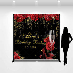 Lofaris Black Gold Red Rose Custom Name Birthday Backdrop