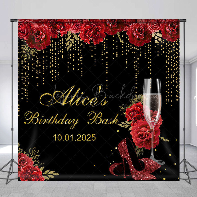 Lofaris Black Gold Red Rose Custom Name Birthday Backdrop