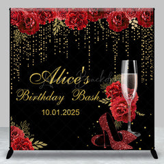 Lofaris Black Gold Red Rose Custom Name Birthday Backdrop